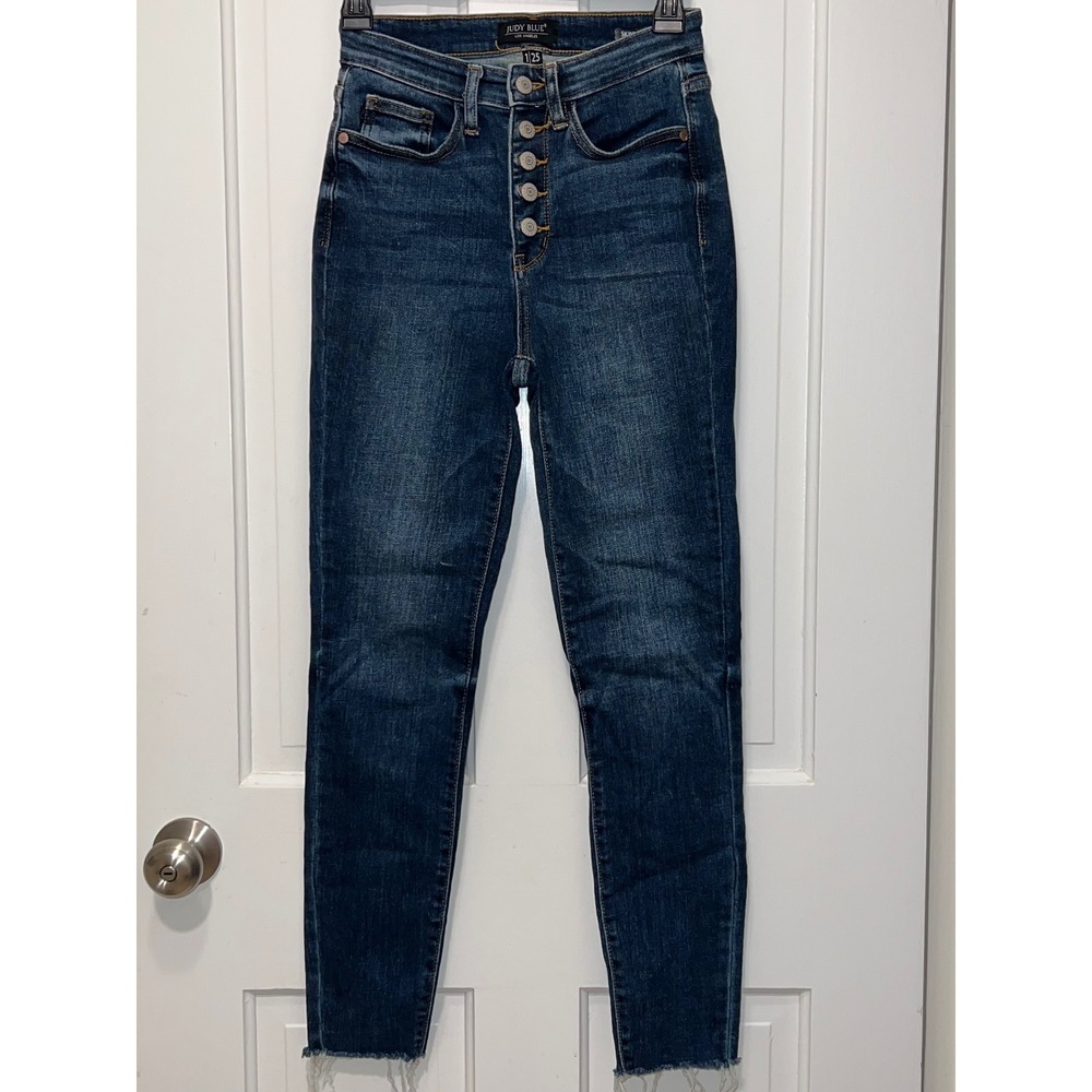 Judy Blue High Waist Skinny Jeans Dark Wash Button Fly Raw Hem JB82318DK 1/25
